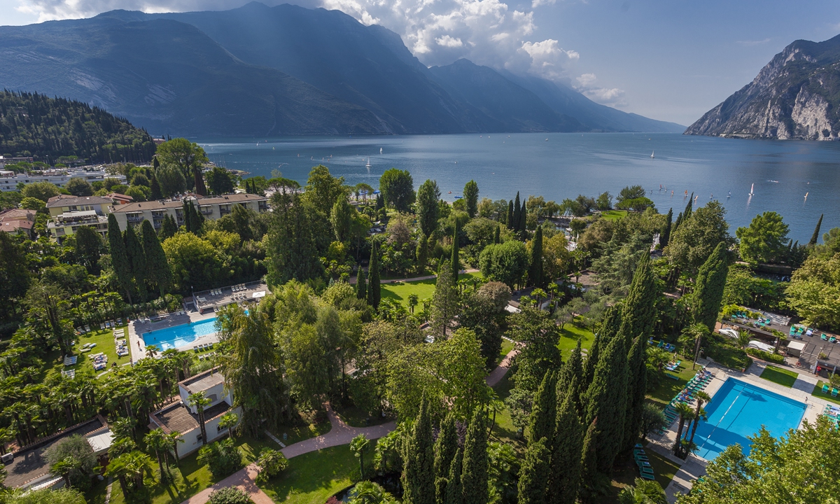 The luxury resort overlooks the southern shore of Italy's largest lake, Lake Garda, which lies between Lombardy and Veneto.