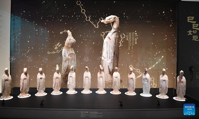 Exhibits are displayed at the airport museum in Terminal 5 of Xianyang International Airport, Xi'an, capital of northwest China's Shaanxi Province, Feb. 20, 2025. The Terminal 5 of the Xianyang International Airport was officially put into operation on Thursday. Covering an area of 705,500 square meters, which is bigger than the total areas of the T1, T2 and T3 terminals, Terminal 5 allows the same floor departure of domestic and international passengers. It also sets up a museum to display cultural relics unearthed in Shaanxi. (Photo: Xinhua)