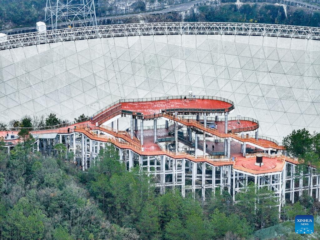 An aerial drone photo taken on Feb. 18, 2025 shows tourists visiting China's Five-hundred-meter Aperture Spherical Radio Telescope (FAST) under maintenance in southwest China's Guizhou Province. In recent years, Guizhou has leveraged its scientific research resources such as FAST to develop educational travel for science, a favorable choice across China for inquisitive minds seeking to embark on a journey of knowledge and exploration in science. (Photo: Xinhua)