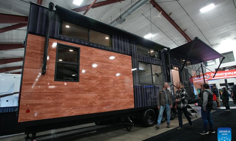 A luxury travel trailer is displayed at the 2025 Earlybird RV Show and Sale in Abbotsford, British Columbia, Canada, Feb. 20, 2025. Featuring over 200 recreational vehicles (RVs) from 45 exhibitors across North America, this annual event is held here from Feb. 20 to Feb. 23. (Photo: Xinhua)