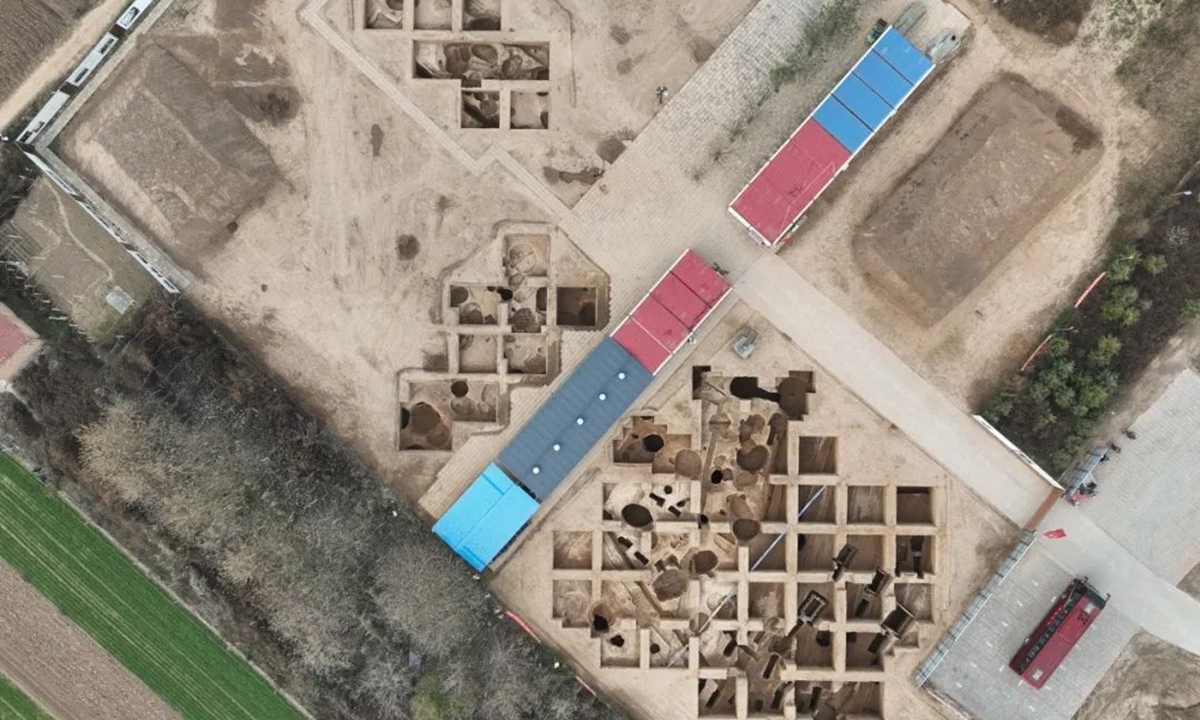 An arial view of the archaeological excavation site in Yuancun, Xiaxian county, North China's Shanxi Province Photos: the Shanxi Provincial Institute of Archaeology