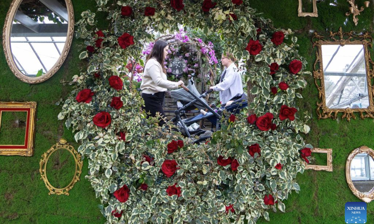 People walk past a floral installation at the Alice in Bloomland exhibition at the Royal Botanical Gardens in Burlington, Ontario, Canada, on Feb. 26, 2025. Inspired by the pages of Lewis Carroll's Alice's Adventures in Wonderland, the floral exhibition is held here from Feb. 1 to March 30. (Photo by Zou Zheng/Xinhua)