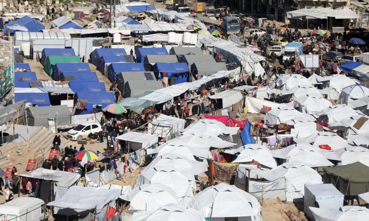 This photo shows a view of one of the displacement camps at the Al-Shujaiya neighborhood in Gaza City, on Feb. 25, 2025. (Photo by Rizek Abdeljawad/Xinhua)