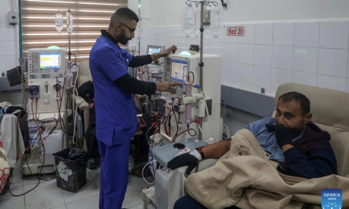 A Palestinian patient receives treatment at the dialysis department of the Al-Shifa Hospital in Gaza City, on Feb. 24, 2025. According to Palestinian medical officials, recently some parts of Al-Shifa Hospital have been restored to receive patients, but it hasn't met the urgent need of the local population, especially with the return of displaced Palestinians. (Photo by Rizek Abdeljawad/Xinhua)