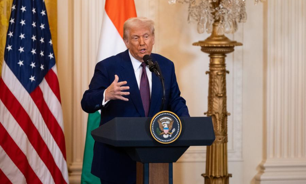 U.S. President Donald Trump attends a press conference at the White House in Washington D.C., the United States, Feb. 13, 2025. (Xinhua/Hu Yousong)