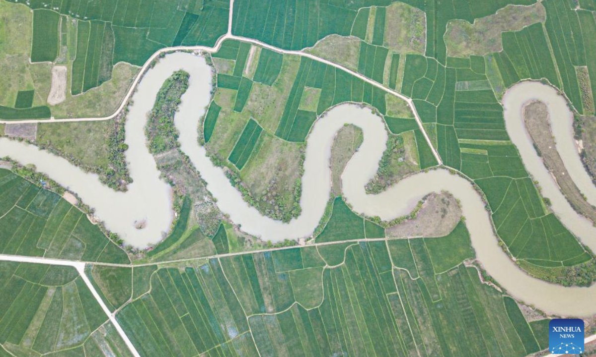 An aerial drone photo taken on March 1, 2025 shows a tributary of the Nandu River meandering through a paddy field in Qiongshan District of Haikou, south China's Hainan Province. (Xinhua/Pu Xiaoxu)