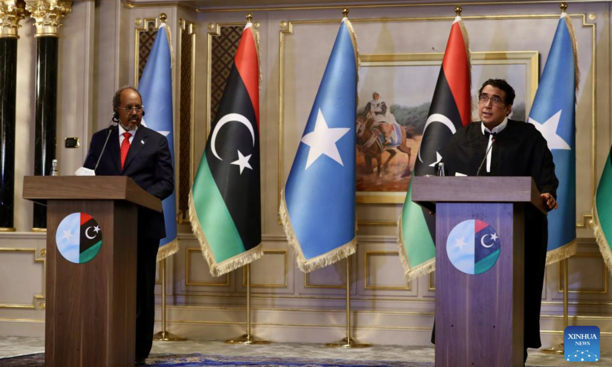 President of the Libyan Presidency Council Mohamed Menfi (R) and Somali President Hassan Sheikh Mohamud attend a press conference in Tripoli, Libya, on Feb. 24, 2025. President of the Libyan Presidency Council Mohamed Menfi emphasized the importance of Libya-Somalia cooperation during the press conference on Monday following talks with visiting Somali President Hassan Sheikh Mohamud. (Photo by Hamza Turkia/Xinhua)