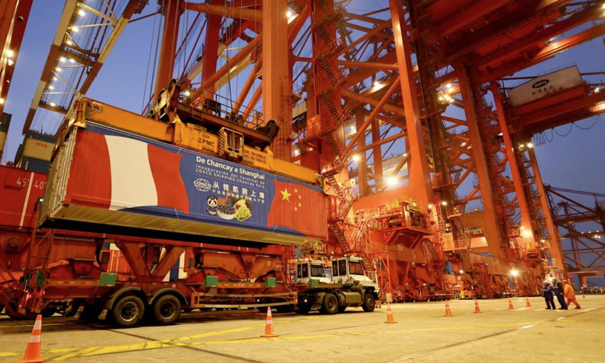 A container with the words from Chancay to Shanghai printed on it is pictured at Yangshan Port, east China's Shanghai, Dec. 18, 2024. (Xinhua/Fang Zhe)
