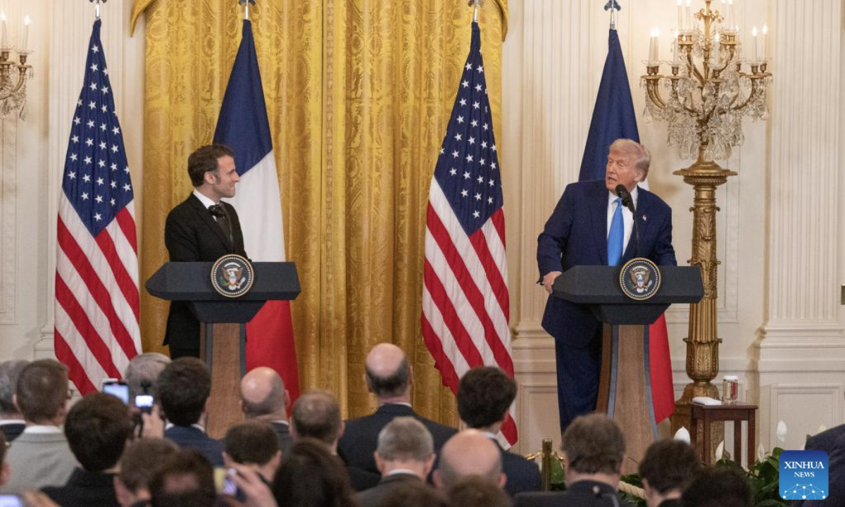 U.S. President Donald Trump (R) and French President Emmanuel Macron attend a joint press conference at the White House in Washington, D.C., the United States, on Feb. 24, 2025. U.S. President Donald Trump said on Monday that tariffs on Mexico and Canada will go forward. When asked about an upcoming deadline for tariffs on Mexico and Canada, Trump told reporters at the joint press conference with French President Emmanuel Macron at the White House that the tariffs are going forward. (Xinhua/Hu Yousong)
