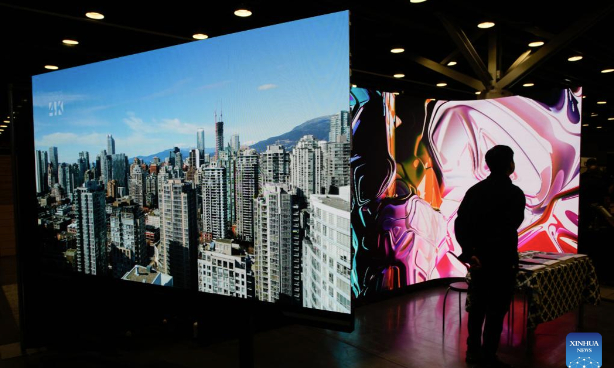 LED panels are showcased at the BUILDEX 2025 at the Vancouver Convention Center in Vancouver, British Columbia, Canada, on Feb. 26, 2025. As one of Western Canada's largest conventions and trade shows for the building industry, the two-day event featuring over 350 exhibitors from across the world showcases their latest products and technologies. (Photo by Liang Sen/Xinhua)