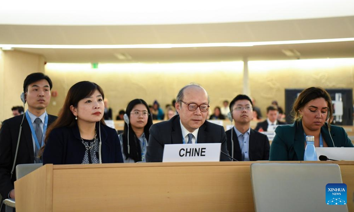 Chen Xu (C, Front), China's permanent representative to the United Nations (UN) Office in Geneva and other international organizations in Switzerland, speaks during the 55th session of the UN Human Rights Council in Geneva, Switzerland, March 20, 2024. (Xinhua/Lian Yi)