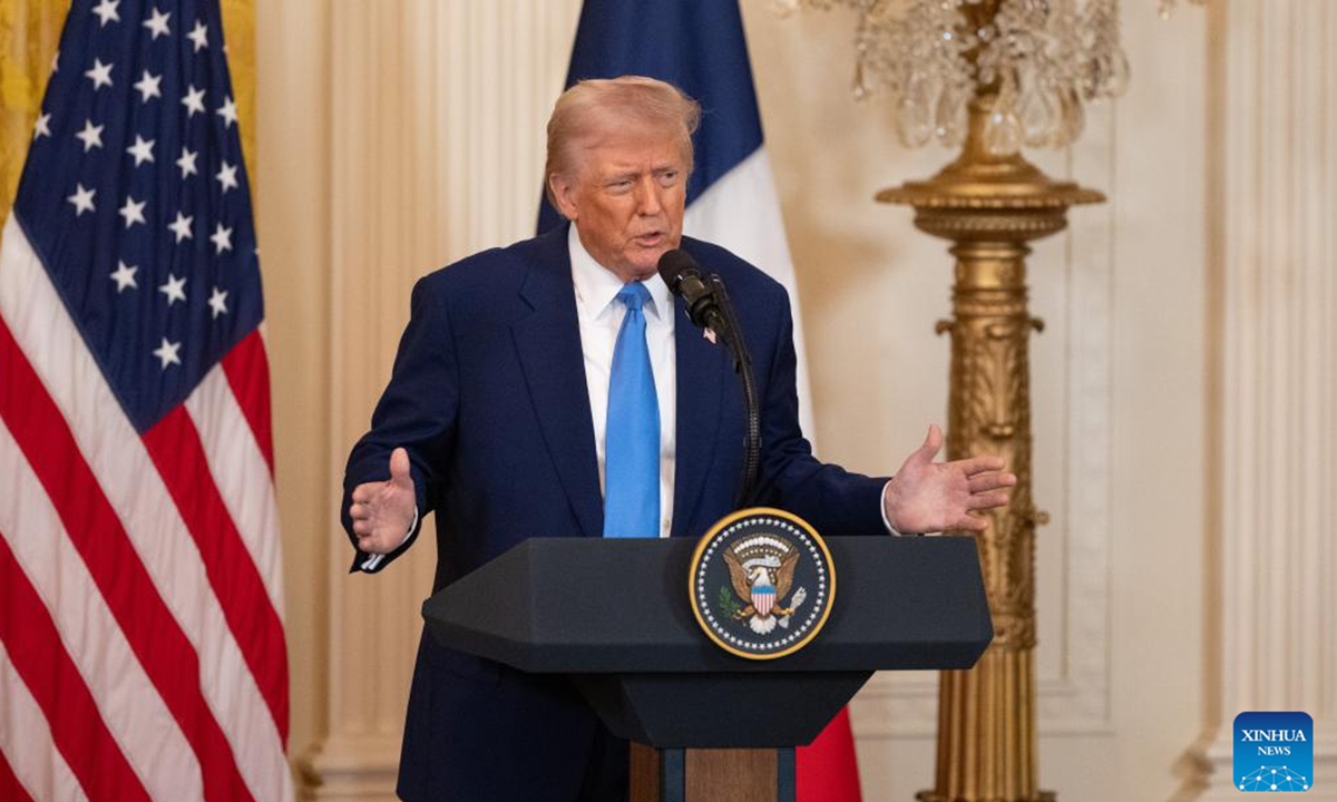 U.S. President Donald Trump speaks at a joint press conference with French President Emmanuel Macron (not in the picture) at the White House in Washington, D.C., the United States, on Feb. 24, 2025. U.S. President Donald Trump said on Monday that tariffs on Mexico and Canada will go forward. When asked about an upcoming deadline for tariffs on Mexico and Canada, Trump told reporters at the joint press conference with French President Emmanuel Macron at the White House that the tariffs are going forward. (Xinhua/Hu Yousong)