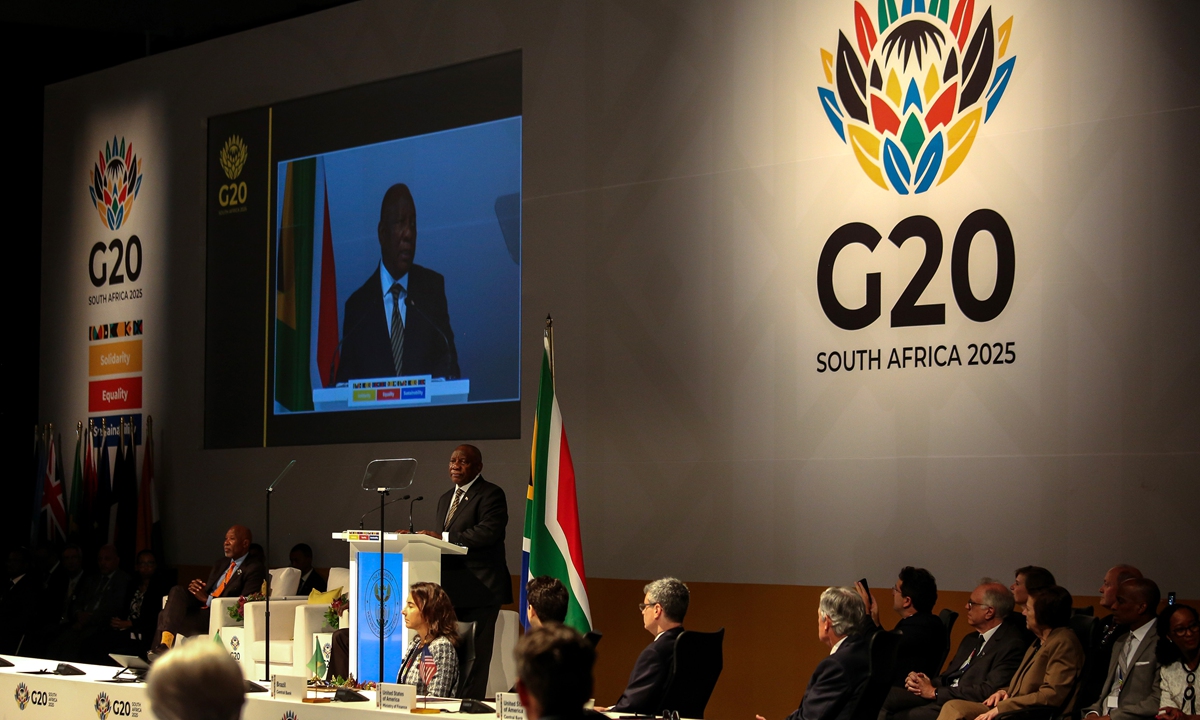 South African President Cyril Ramaphosa delivers the opening address at the G20 meeting in Cape Town, South Africa, on February 26, 2025. The G20 finance ministers and central bankers are meeting in Cape Town, amid rising trade tensions and tariffs imposed by the US, which is now seen as a source of disruption and discord. Photo：VCG