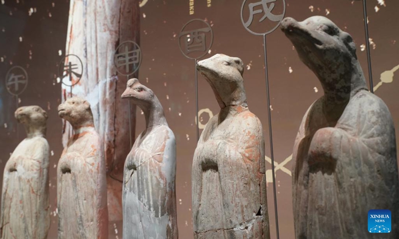 This photo taken on Feb. 26, 2025 shows pottery figurines shaped 12 Chinese zodiac signs from Tang Dynasty (618-907) at a relics museum inside the Xi'an Xianyang International Airport in Xi'an, northwest China's Shaanxi Province. A museum for cultural relics unearthed at different phases during the construction of Xi'an Xianyang International Airport, the largest one of its kind in northwest China, opened to the public at the airport on Wednesday. (Photo: Xinhua)