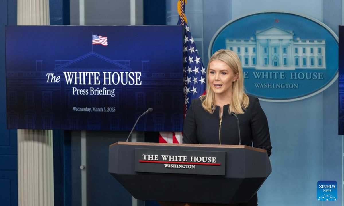 White House press secretary Karoline Leavitt speaks at a press briefing at the White House in Washington, D.C., the United States, on March 5, 2025. The White House confirmed Wednesday that the Trump administration is having direct talks with Hamas aimed at releasing hostages. (Xinhua/Hu Yousong)