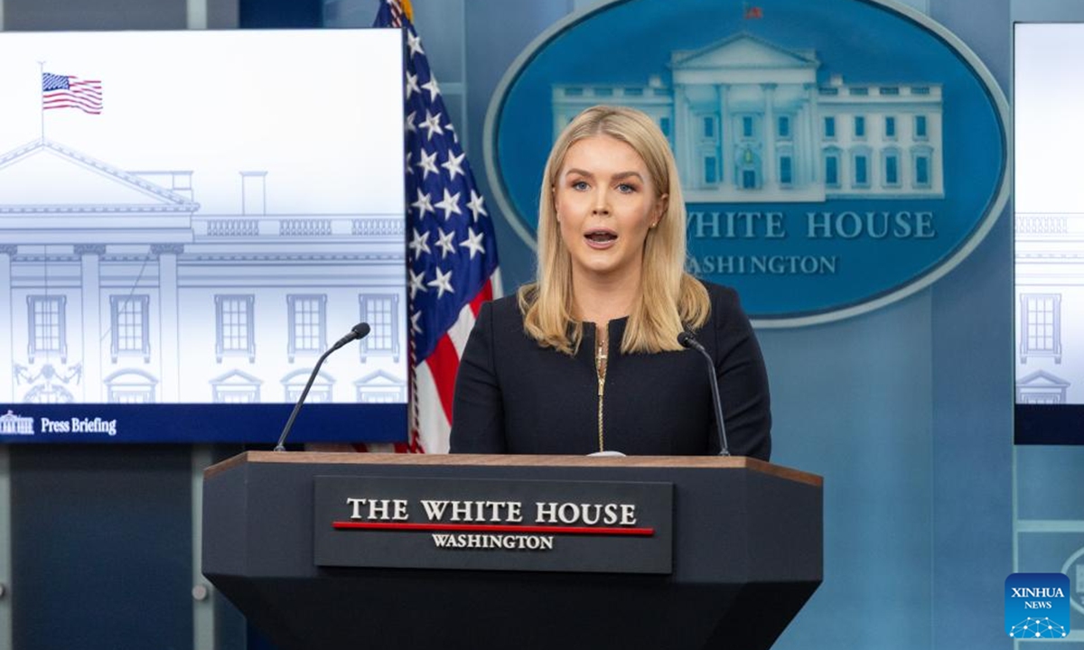 White House press secretary Karoline Leavitt speaks at a press briefing at the White House in Washington, D.C., the United States, on March 5, 2025. The White House said on Wednesday that U.S. President Donald Trump is granting a one-month exemption to three major automakers from the newly imposed 25-percent tariffs on Mexico and Canada. (Xinhua/Hu Yousong)