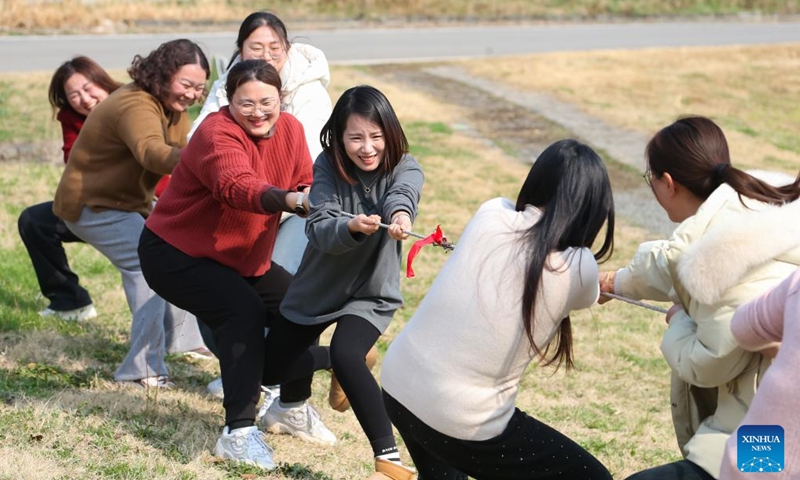 Women compete in a tug-of-war game during an event celebrating the International Women's Day in Jurong City, east China's Jiangsu Province, March 6, 2025. Various activities are held across the country to mark the International Women's Day. (Photo: Xinhua)