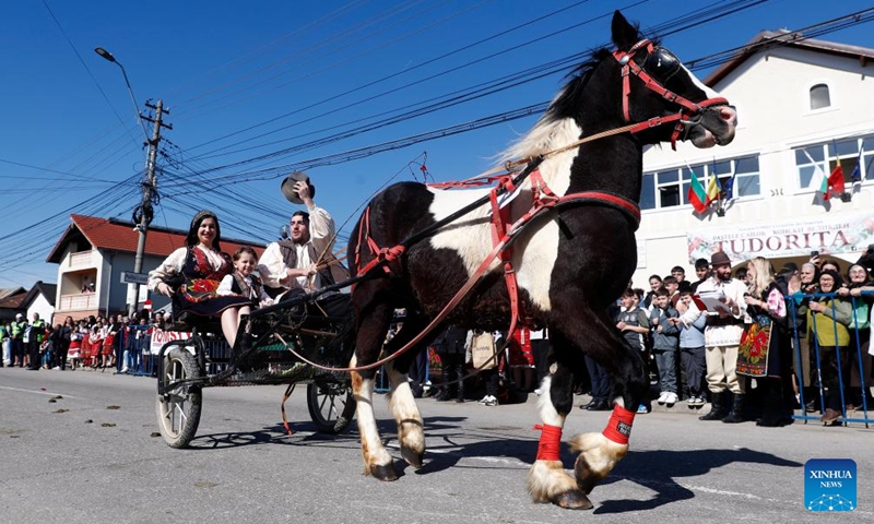 People ride their horse-driven cart for a caballine beauty contest during the celebration of the traditional Tudorita holiday, also known as the Easter of Horses, in Targoviste, Romania, March 8, 2025. Easter of Horses is celebrated by the local Bulgarian community and symbolizes the start of agricultural work in the new year. Photo: Xinhua