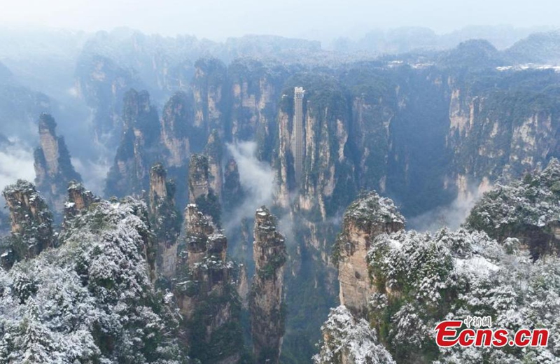 Rime-covered rock pillars stretch up endlessly to the sky in the land of Avatar at Tianzishan Scenic Area of Zhangjiajie, central China's Hunan Province, Mar. 6, 2025. Zhangjiajie National Forest Park, part of the Wulingyuan scenic area, is famed for its towering quartz sandstone pillars, and recognized as a UNESCO World Heritage Site. (Photo provided to China News Service) 





