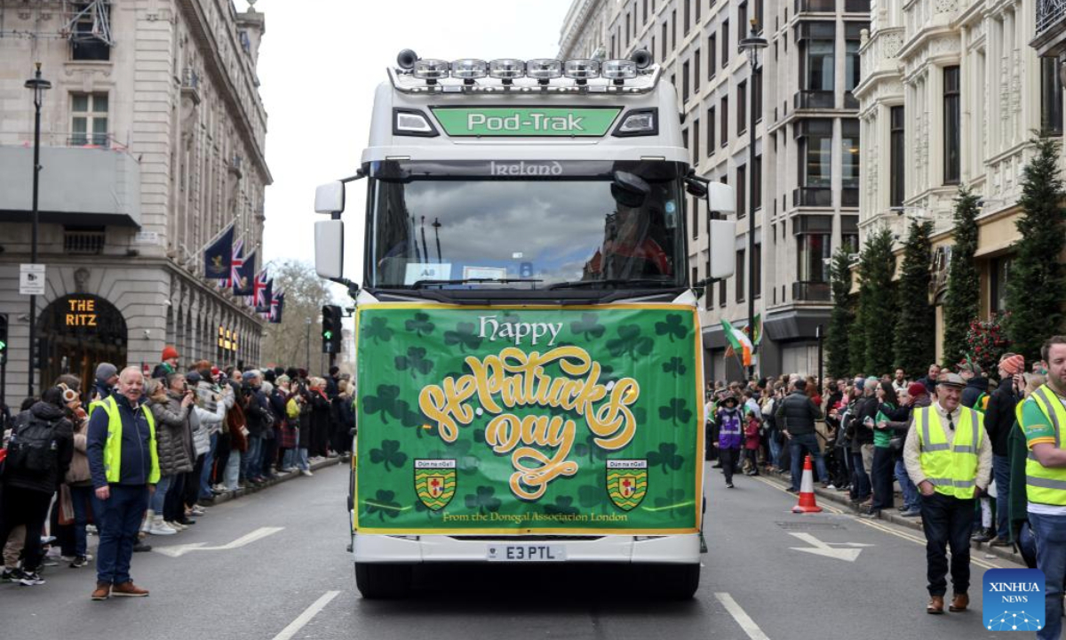 People attend the St. Patrick's Day Parade in London, Britain, on March 16, 2025. St. Patrick's Day is widely celebrated by Irish communities around the world. (Xinhua)