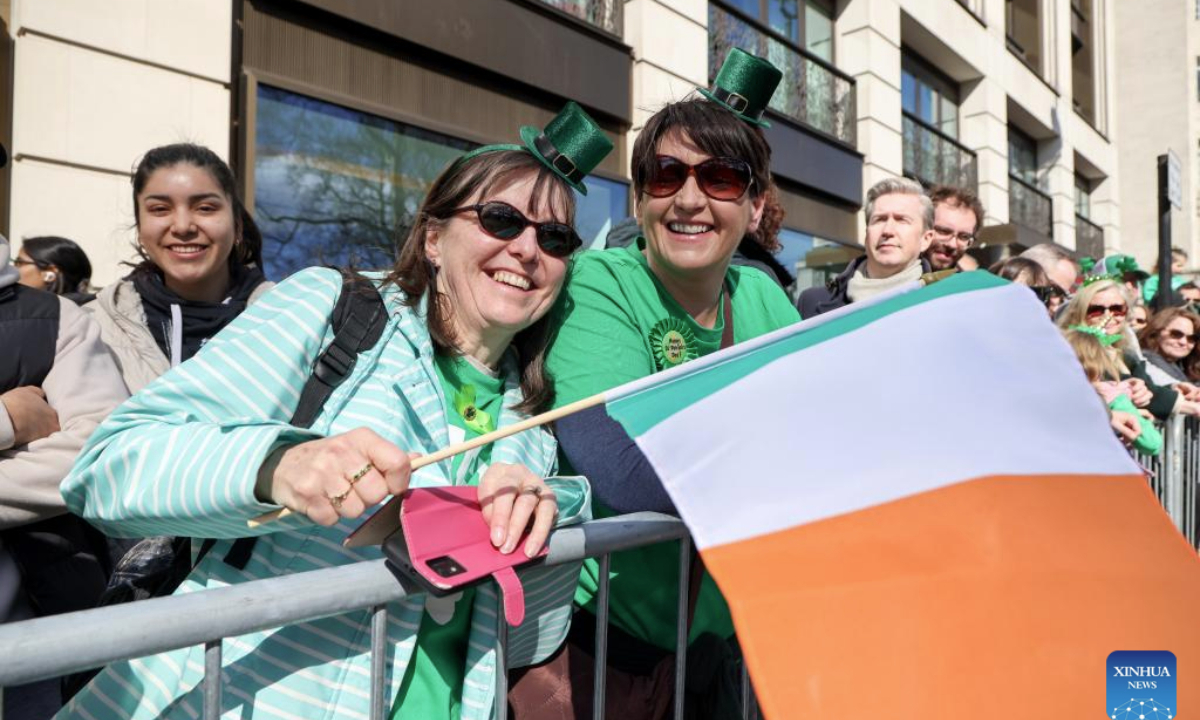 People attend the St. Patrick's Day Parade in London, Britain, on March 16, 2025. St. Patrick's Day is widely celebrated by Irish communities around the world. (Xinhua)