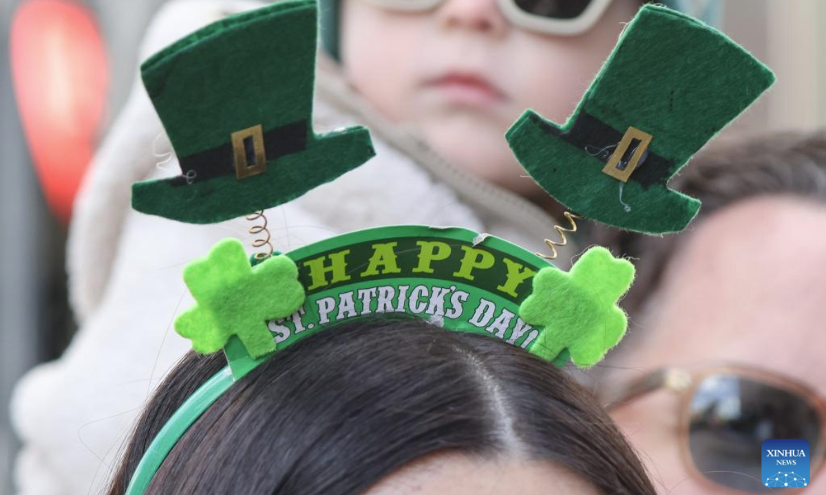 People attend the St. Patrick's Day Parade in London, Britain, on March 16, 2025. St. Patrick's Day is widely celebrated by Irish communities around the world. (Xinhua)
