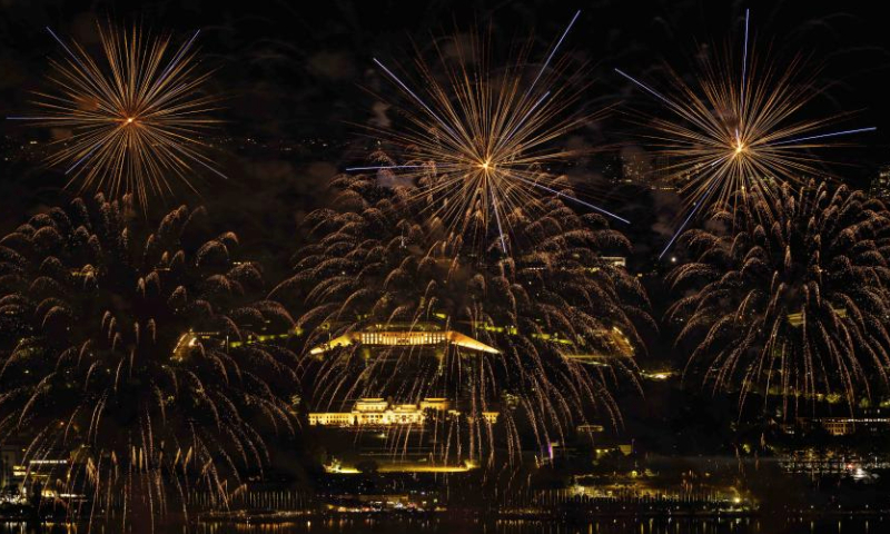 Fireworks illuminate the sky over Lake Burley Griffin during a fireworks show in Canberra, Australia, March 15, 2025. (Photo by Chu Chen/Xinhua)
