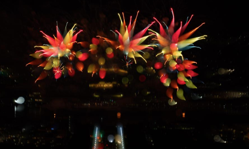 Fireworks illuminate the sky over Lake Burley Griffin during a fireworks show in Canberra, Australia, March 15, 2025. (Photo by Chu Chen/Xinhua)