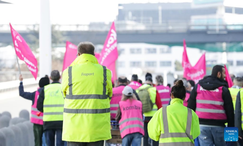 People demonstrate at the Frankfurt Airport in Frankfurt, Germany, March 10, 2025. Over 1,000 flights at the Frankfurt Airport have been affected as airport workers went on strike on Monday. (Photo: Xinhua)