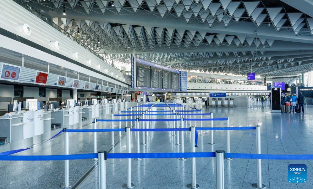 This photo taken on March 10, 2025 shows the empty departure hall of the Frankfurt Airport in Frankfurt, Germany. Over 1,000 flights at the Frankfurt Airport have been affected as airport workers went on strike on Monday. (Photo: Xinhua)