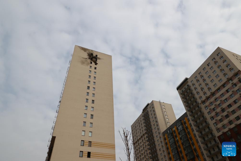 This photo taken on March 11, 2025 shows a damaged residential building in Sapronovo, Moscow Region, Russia. Russia's air defense systems shot down 337 Ukrainian drones overnight, the Russian Ministry of Defense announced Tuesday on its Telegram channel. Those drones included 91 shot down over the Moscow region, 126 over Kursk, 38 over Bryansk, and 25 over Belgorod, the ministry said. (Photo: Xinhua)