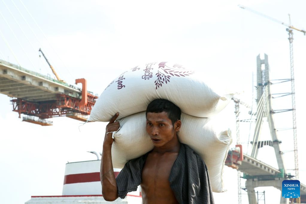 A worker carries bags of rice from a cargo boat at a jetty in Yangon, Myanmar, March 11, 2025. Myanmar's exports of rice and broken rice in the first 11 months of the 2024-25 fiscal year reached over 2.37 million tons, according to the Myanmar Rice Federation on Tuesday. (Photo: Xinhua)