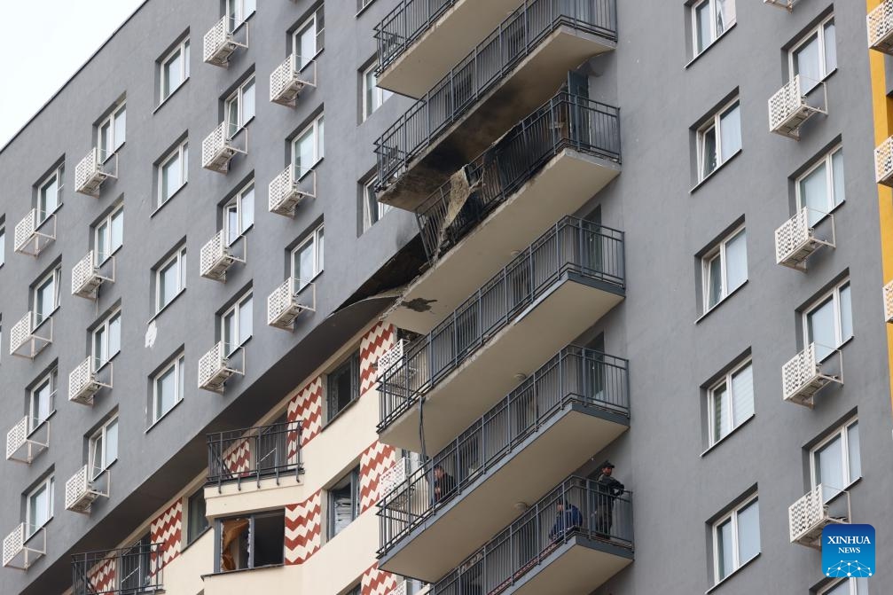 This photo taken on March 11, 2025 shows a damaged residential building in Sapronovo, Moscow Region, Russia. Russia's air defense systems shot down 337 Ukrainian drones overnight, the Russian Ministry of Defense announced Tuesday on its Telegram channel. Those drones included 91 shot down over the Moscow region, 126 over Kursk, 38 over Bryansk, and 25 over Belgorod, the ministry said. (Photo: Xinhua)