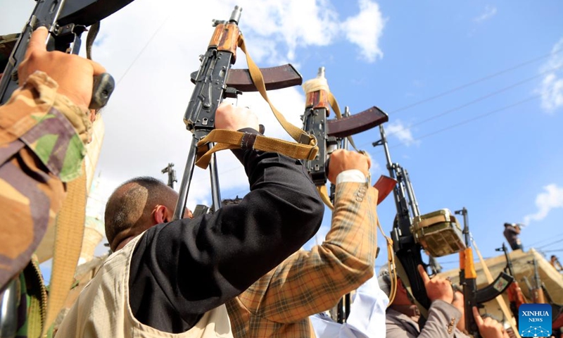 Armed men loyal to the Houthi group participate in an armed tribal rally supporting the resumption of attacks against Israeli ships, in Sanaa, Yemen, on March 11, 2025. (Photo: Xinhua)