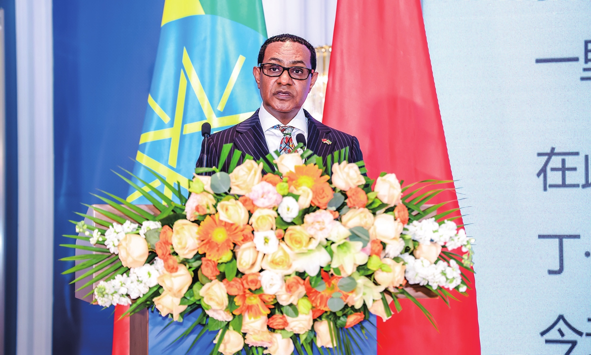 Ethiopian Ambassador to China Tefera Derbew Yimam delivers a keynote speech at the reception marking the 55th anniversary of Ethiopia-China diplomatic relations in Beijing on March 13, 2025. Photo: Dong Feng/GT