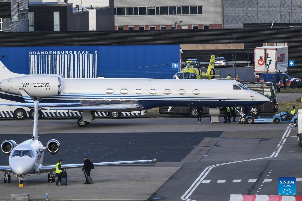 A plane carrying former Philippine President Rodrigo Duterte arrives at Rotterdam The Hague Airport in Rotterdam, the Netherlands, on March 12, 2025. In a press release issued on Wednesday, the International Criminal Court (ICC) said that Duterte has been surrendered to its custody. (Photo: Xinhua)