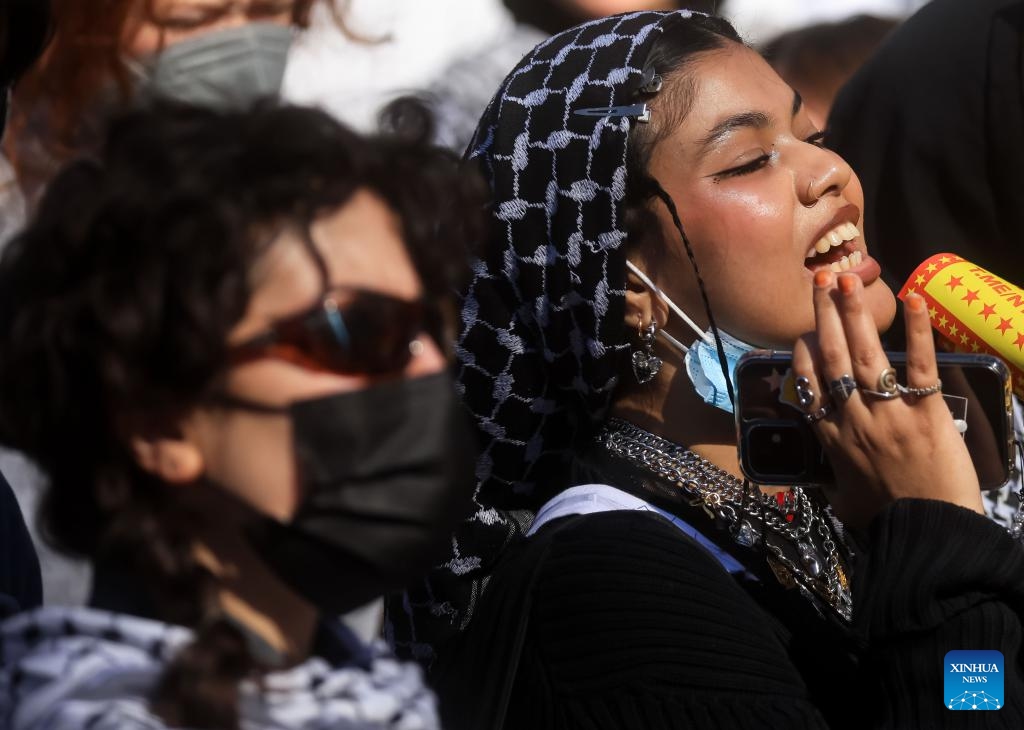Demonstrators rally during a protest against the Donald Trump administration's policies on the Middle East, campus protests and immigration in New York City, the United States, March 11, 2025. (Photo: Xinhua)