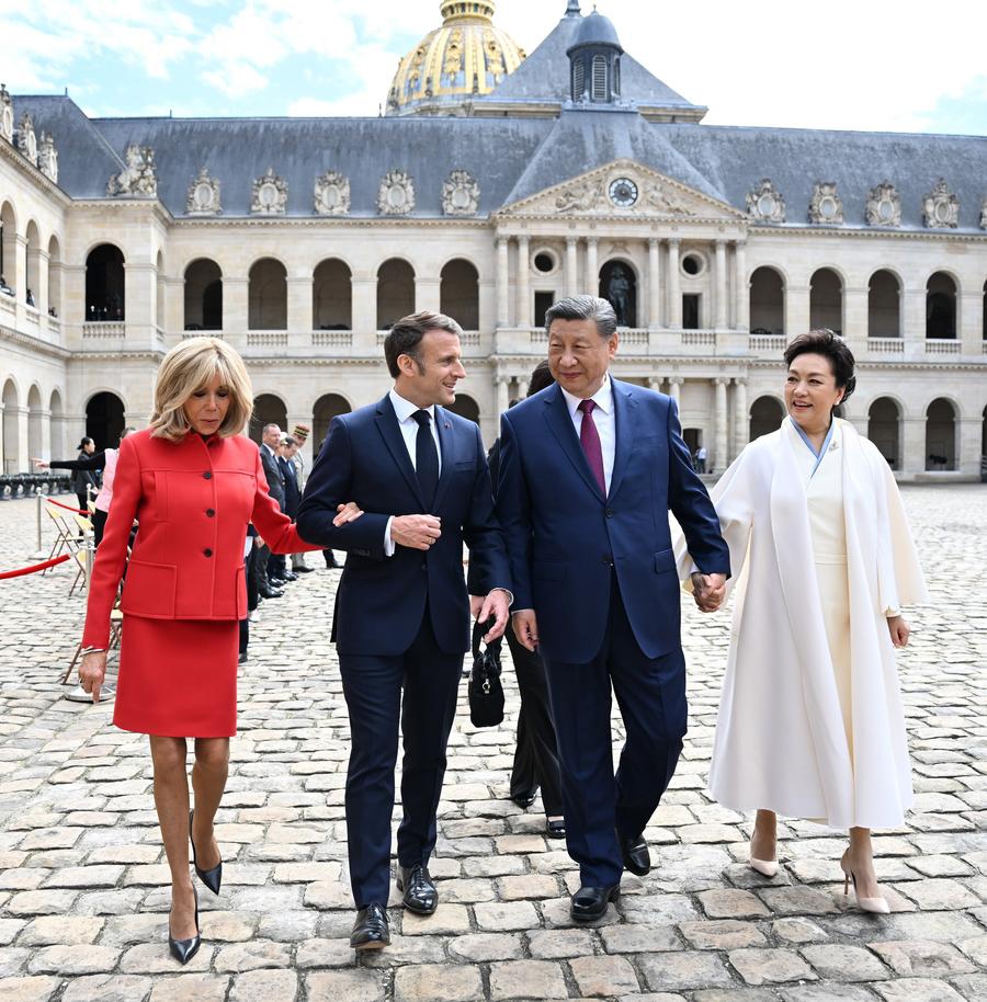 Chinese President Xi Jinping, who is paying a state visit to France, attends a welcome ceremony held by French President Emmanuel Macron, in Paris, France, May 6, 2024. (Xinhua/Xie Huanchi)