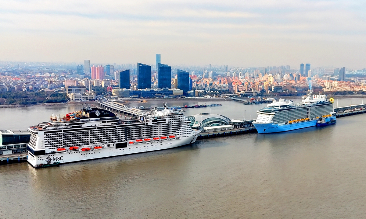 Two cruise ships dock at the Shanghai Wusongkou International Cruise Terminal on January 16, 2025. Photo: VCG