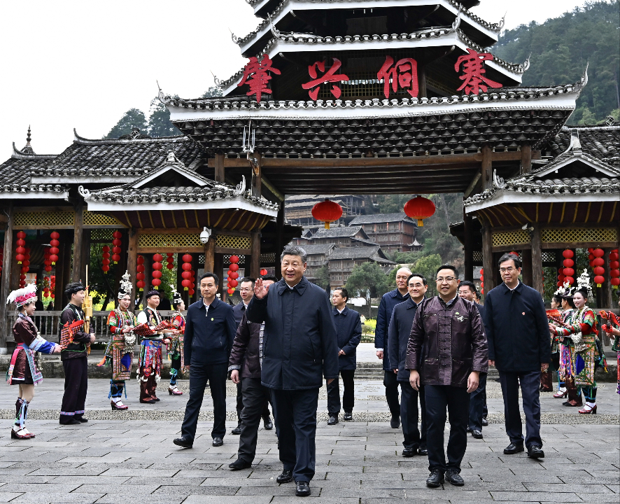 Chinese President Xi Jinping, also general secretary of the Communist Party of China Central Committee and chairman of the Central Military Commission, waves to villagers while visiting the Zhaoxing Dong Village in Liping county of Qiandongnan Miao and Dong Autonomous Prefecture, Southwest China's Guizhou Province, on March 17, 2025. Xi made an inspection tour in Guizhou Province from Monday to Tuesday. Photo: Xinhua