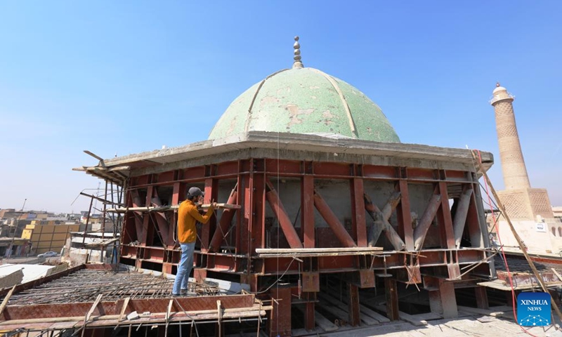 This photo taken on March 17, 2025 shows the reconstruction site of the Grand al-Nuri Mosque and its al-Hadbaa minaret in the old city of Mosul, Iraq. The Grand al-Nuri Mosque was built in 1172 with its famous leaning minaret, which gave the city its nickname al-Hadbaa or the hunchback. In 2017, the Islamic State (IS) militants blew up Mosul's al-Nuri Mosque and its al-Hadbaa minaret. (Photo: Xinhua)