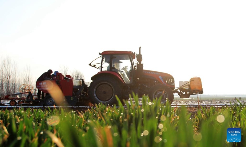 A farmer drives a machine to plant potatoes at a field in Wutai Town, Linyi City of east China's Shandong Province, March 18, 2025. With the approaching of spring equinox, or Chunfen in Chinese, the fourth solar term in the Chinese lunar calendar which will fall on March 20 this year, farmers across the country are busy working at fields. (Photo: Xinhua)