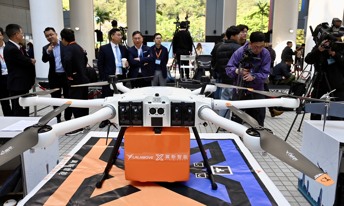 An approved low-altitude economy regulatory sandbox pilot project involving drone deliveries is shown at the Hong Kong University of Science and Technology on March 20, 2025. The Hong Kong Special Administrative Region received pilot project proposals from 72 applicants, and 38 were among the first batch of pilot projects to be rolled out. Photo: VCG