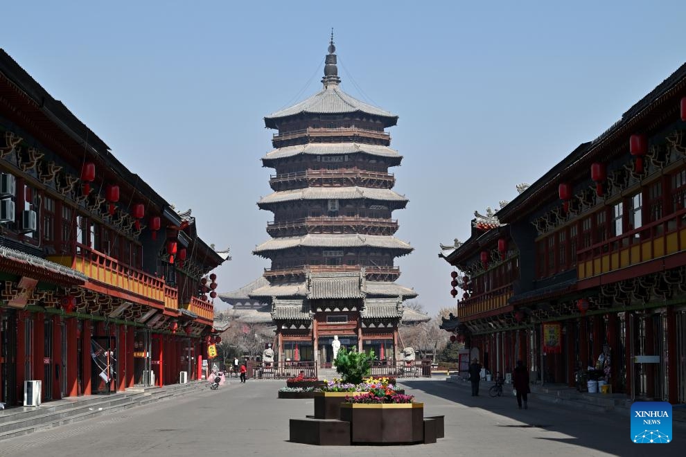 This photo taken on Feb. 27, 2025 shows the Sakyamuni Pagoda of Fogong Temple in Yingxian County, north China's Shanxi Province. Sakyamuni Pagoda of Fogong Temple, well known as the Wooden Pagoda of Yingxian County, was built in the year 1056 AD with tenon-and-mortise work. The 67.31-meter-high building is the tallest and oldest wooden multi-story structure in the world, according to the United Nations Educational, Scientific and Cultural Organization (UNESCO). (Photo: Xinhua)