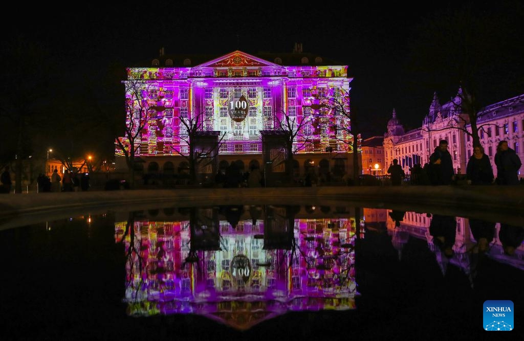 This photo taken on March 19, 2025 shows the illuminated Hotel Esplanade during the Festival of Lights in Zagreb, Croatia. (Photo: Xinhua)