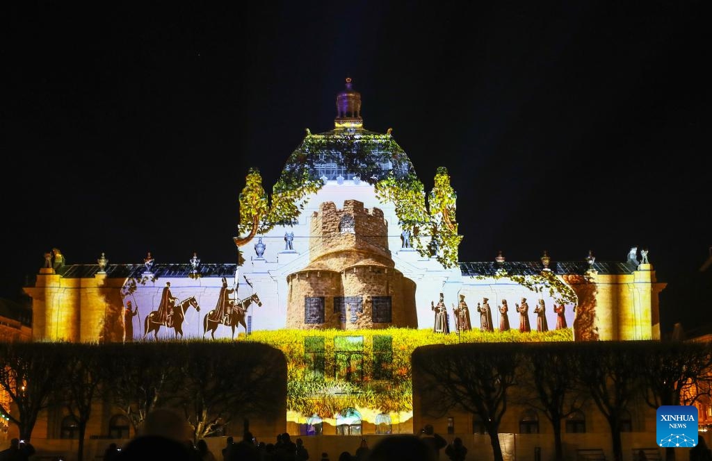 This photo taken on March 19, 2025 shows an illuminated building during the Festival of Lights in Zagreb, Croatia. (Photo: Xinhua)