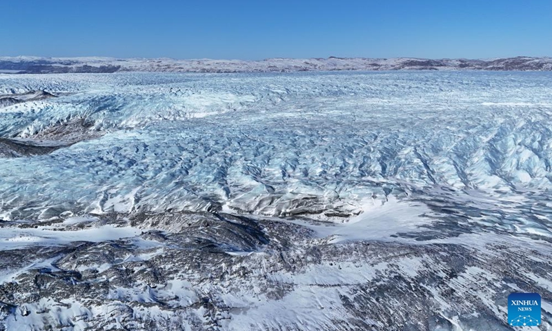 An aerial drone photo taken on March 21, 2025 shows ice sheets near Kangerlussuaq, Greenland, an autonomous territory of Denmark. Photo: Xinhua