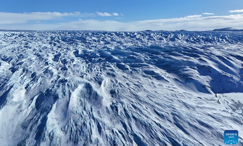 An aerial drone photo taken on March 21, 2025 shows ice sheets near Kangerlussuaq, Greenland, an autonomous territory of Denmark. Photo: Xinhua