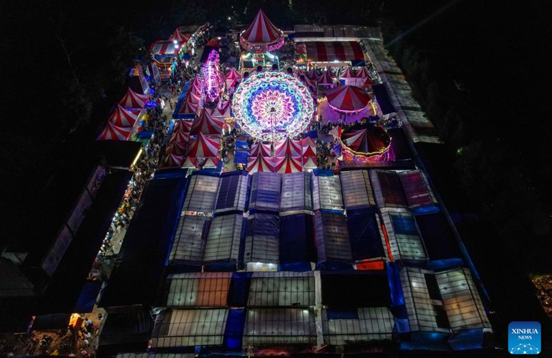 An aerial drone photo taken on March 22, 2025 show a view of a night market in Pamulang, South Tangerang, Indonesia. Photo: Xinhua