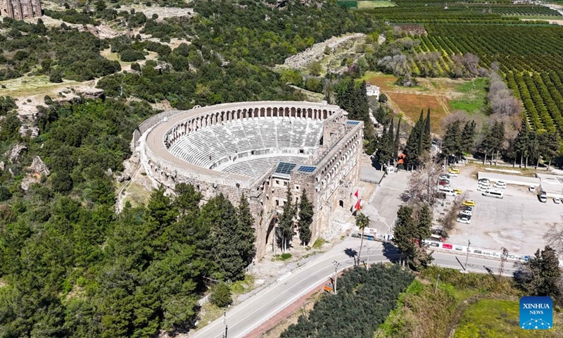 An aerial drone photo taken on March 21, 2025 shows a view of the Aspendos Antique Theater in Antalya, Türkiye. Photo: Xinhua